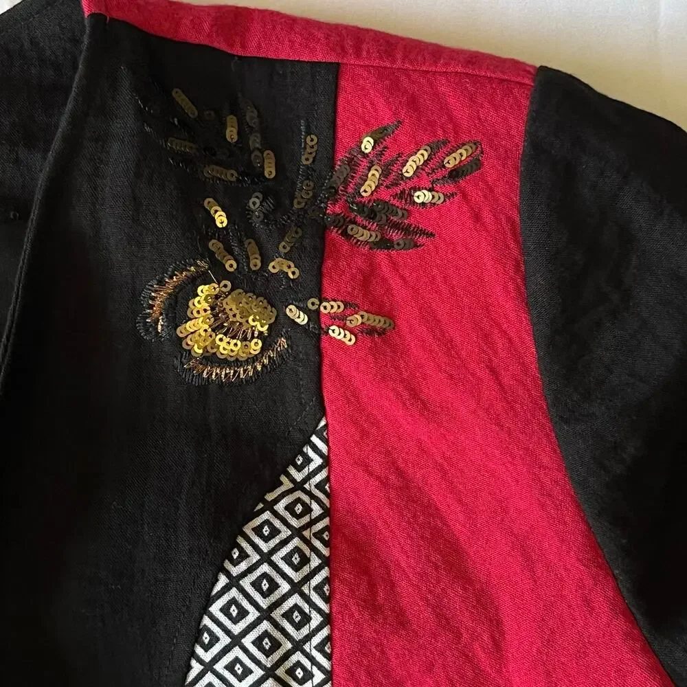 Chico's Size 2 Black Open Front Sequin Embroidered Jacket Cardigan Floral